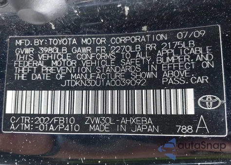 2010 Toyota Prius from USA, damaged, VIN JTDKN3DU1A0039092
